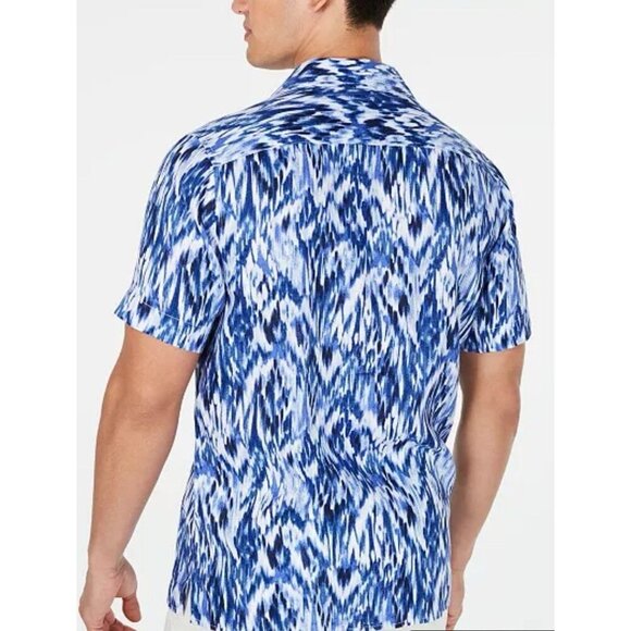 Tasso Elba Men Large Blue Utata Ikat Tie Dye Button Up Linen Short Sleeve Shirt - Picture 3 of 12